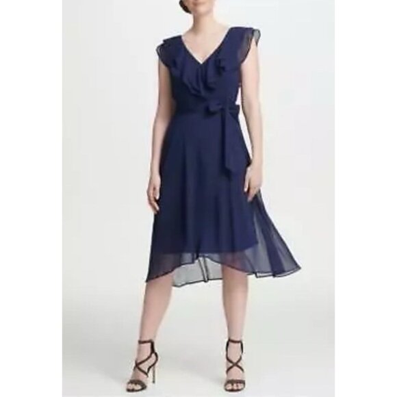 DKNY Dress Navy Blue 6 Short Sleeve W Belt Flowy Career Church Wedding Date - Picture 1 of 10